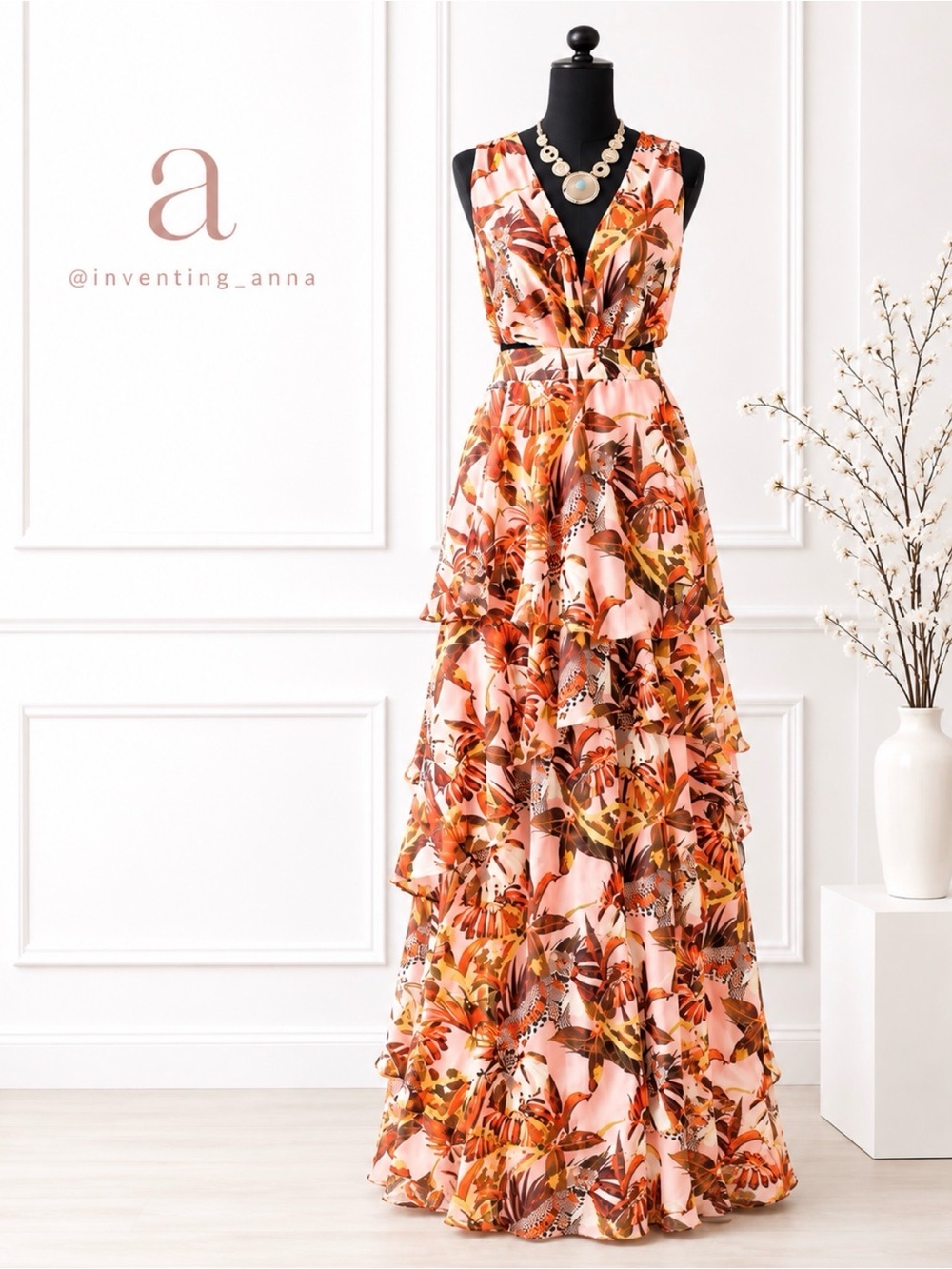 Lilly’s Kloset Pink Orange Tropical Tiered Ruffle Maxi Dress size L